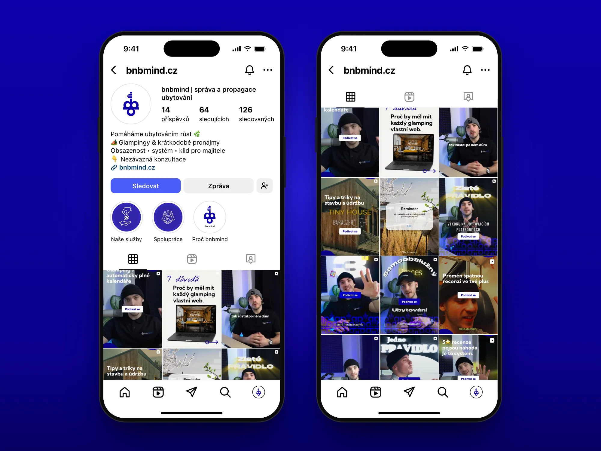 Dva telefony s instagramovým profilem BnBMind: bio, highlights a mřížka obalů Reels