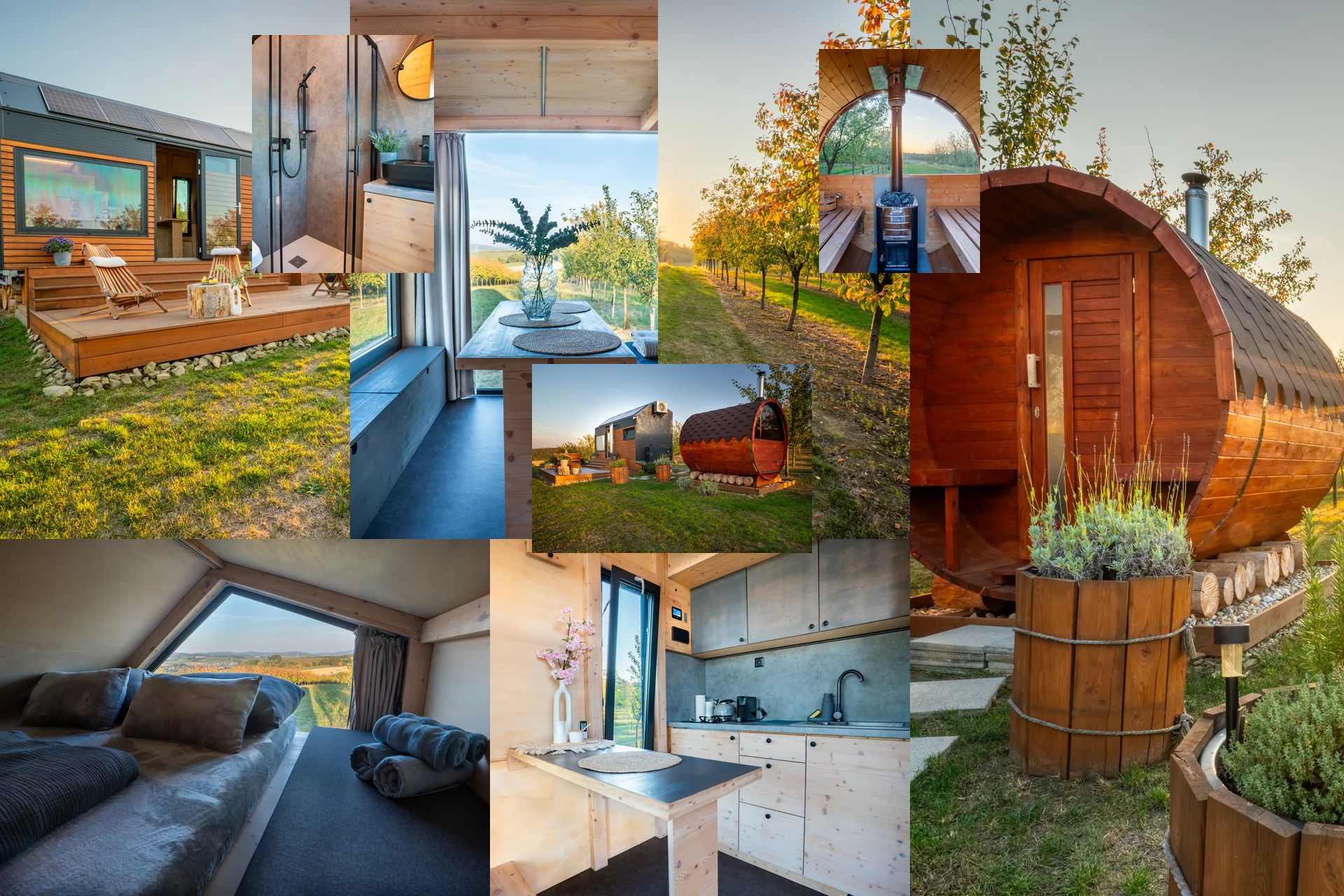 Koláž fotografií Glampidolu: tiny house v sadu při západu slunce, sudová sauna, interiér, koupelna, kuchyň a ložnice