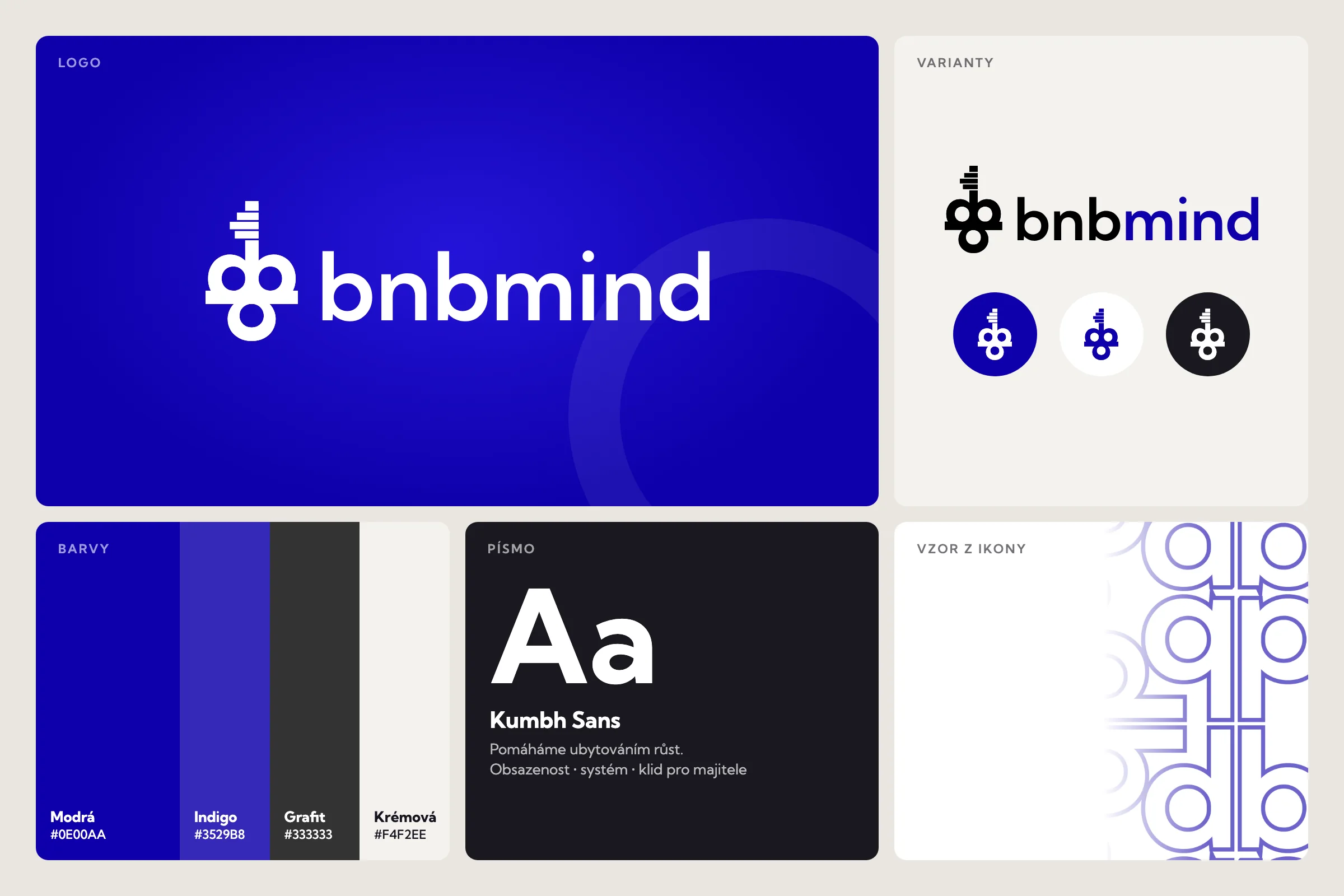 Vizuální identita BnBMind: logo, varianty ikony, barvy, písmo a vzor