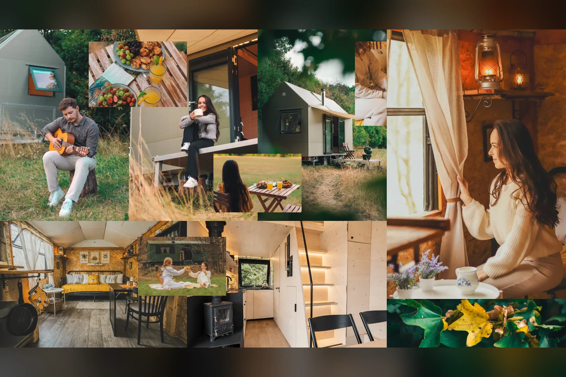 Koláž fotografií z glampingu: tiny house v přírodě, interiéry, snídaně venku a hosté při odpočinku